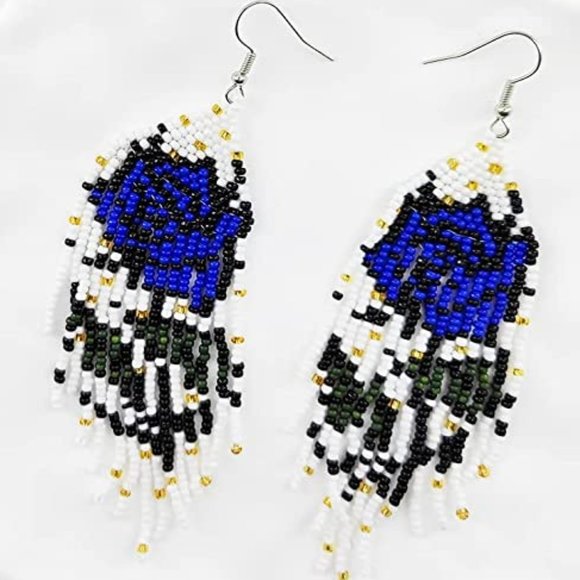 Long 4.5" Handmade Beaded Dark Blue Rose Earrings Large Roses Beads Handcrafted - Picture 2 of 4